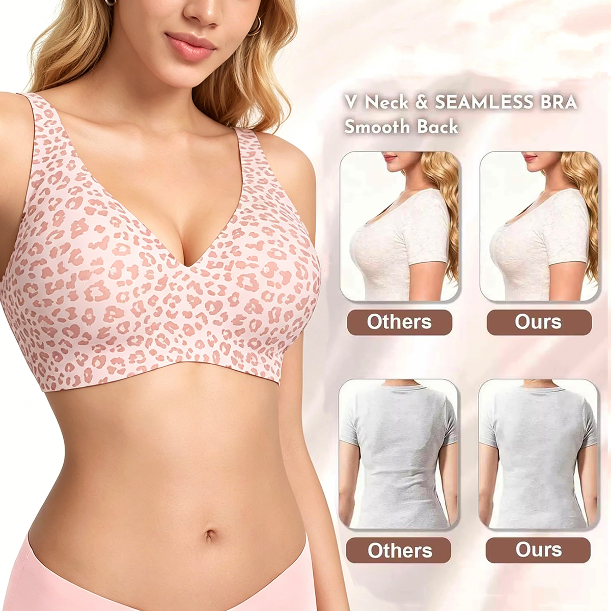 Women's Seamless Pink Leopard Print Bra Wire-Free Bra Full Cup Soft Thin Mold Support Breathable and Beauty Deep V Plus Up Bra Four Rows of Hooks