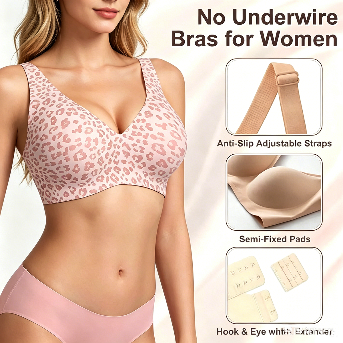 Women's Seamless Pink Leopard Print Bra Wire-Free Bra Full Cup Soft Thin Mold Support Breathable and Beauty Deep V Plus Up Bra Four Rows of Hooks