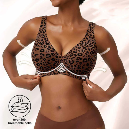 Women's Wire-Free Seamless Leopard Print Bra Soft Support Full Cup Thin Mold Bra Beautiful and Breathable Supportive Bra Two Rows of Hooks