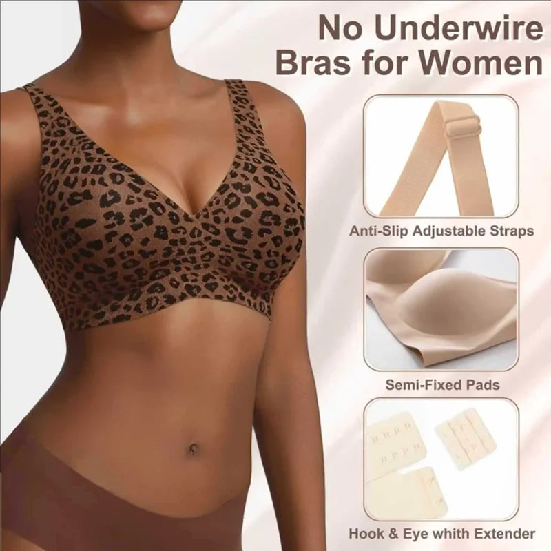 Women's Wire-Free Seamless Leopard Print Bra Soft Support Full Cup Thin Mold Bra Beautiful and Breathable Supportive Bra Two Rows of Hooks