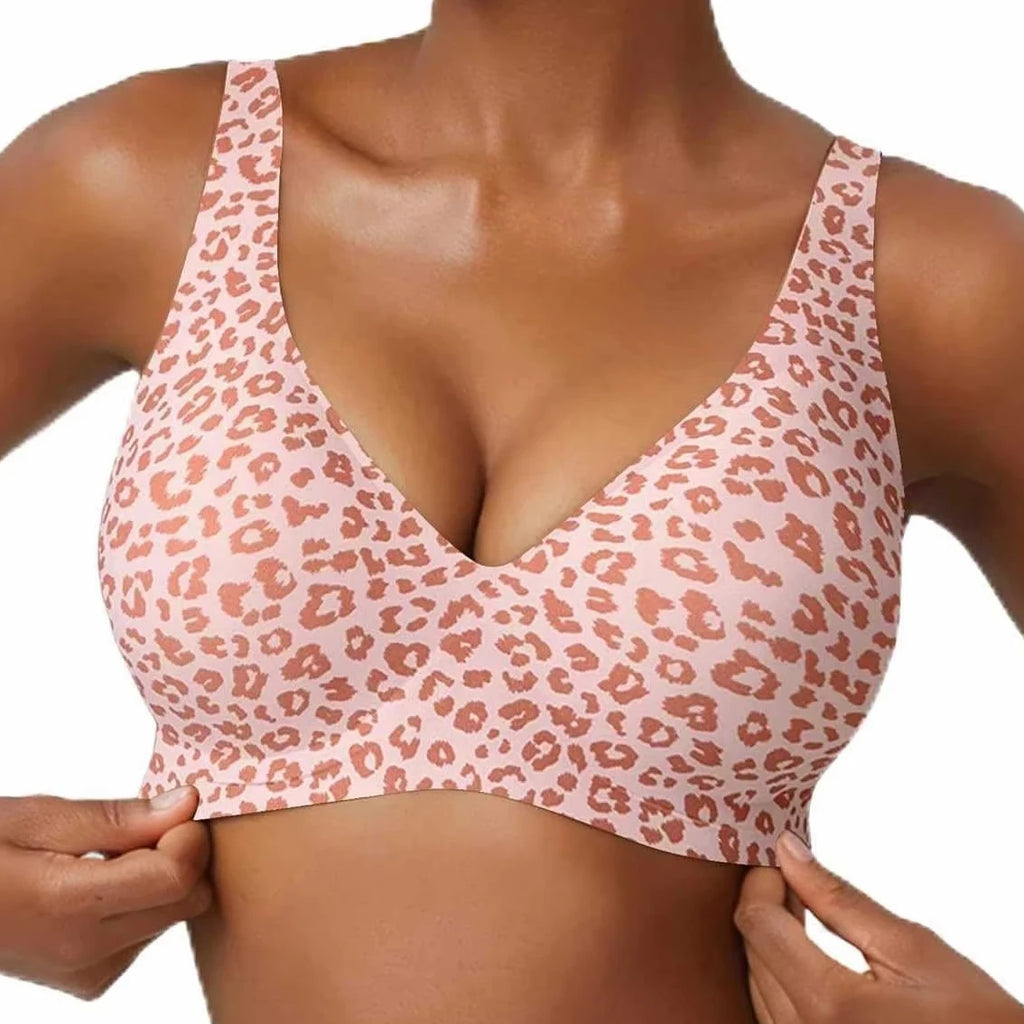 Women's Seamless Pink Leopard Print Bra Wire-Free Bra Full Cup Soft Thin Mold Support Breathable and Beauty Deep V Plus Up Bra Four Rows of Hooks