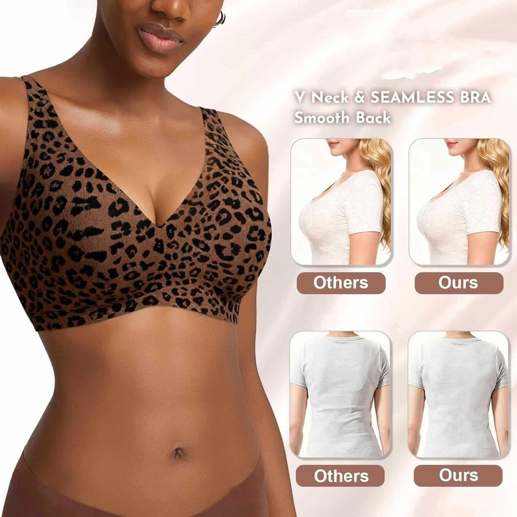 Women's Wire-Free Seamless Leopard Print Bra Soft Support Full Cup Thin Mold Bra Beautiful and Breathable Supportive Bra Two Rows of Hooks