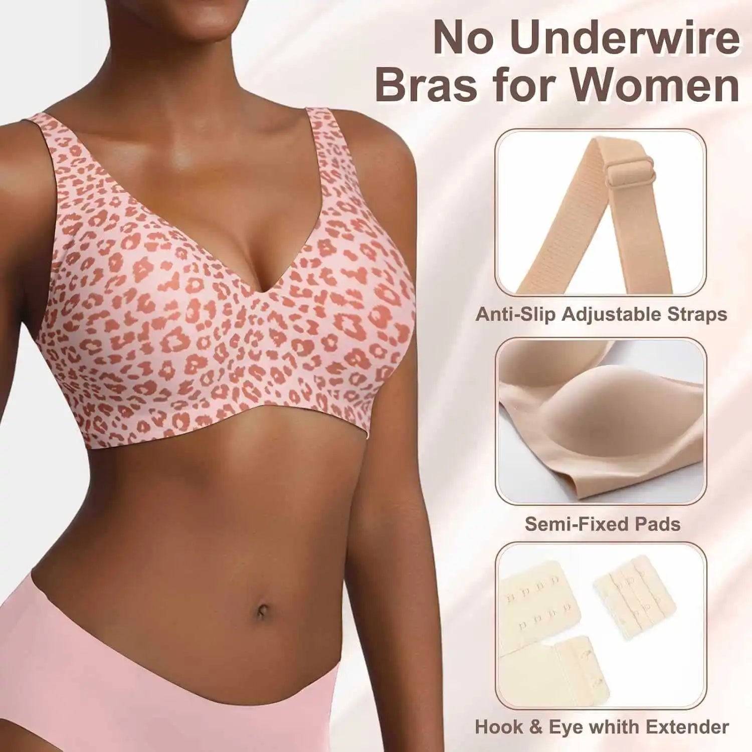 Women's Seamless Pink Leopard Print Bra Wire-Free Bra Full Cup Soft Thin Mold Support Breathable and Beauty Deep V Plus Up Bra Four Rows of Hooks