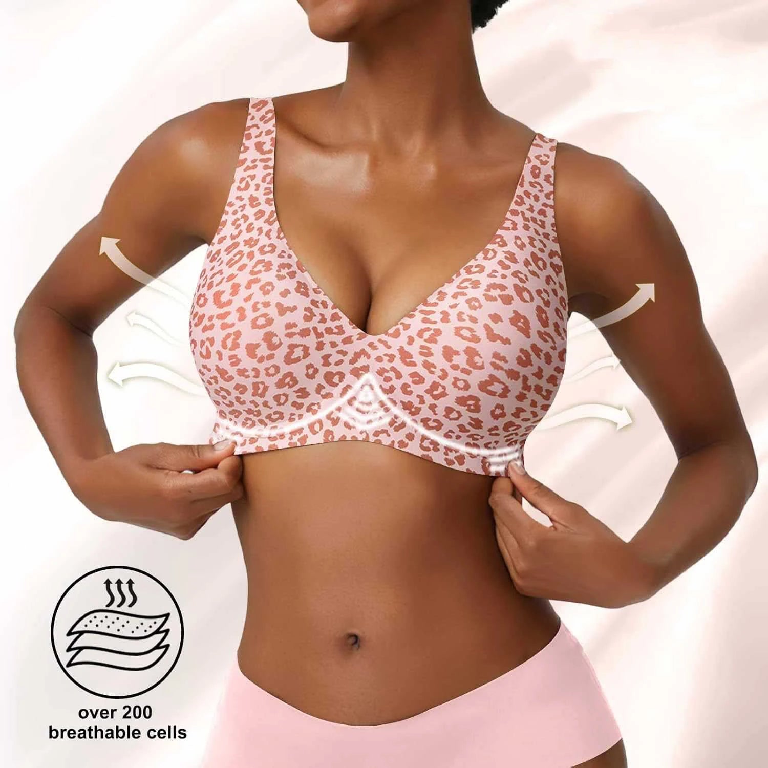 Women's Seamless Pink Leopard Print Bra Wire-Free Bra Full Cup Soft Thin Mold Support Breathable and Beauty Deep V Plus Up Bra Four Rows of Hooks