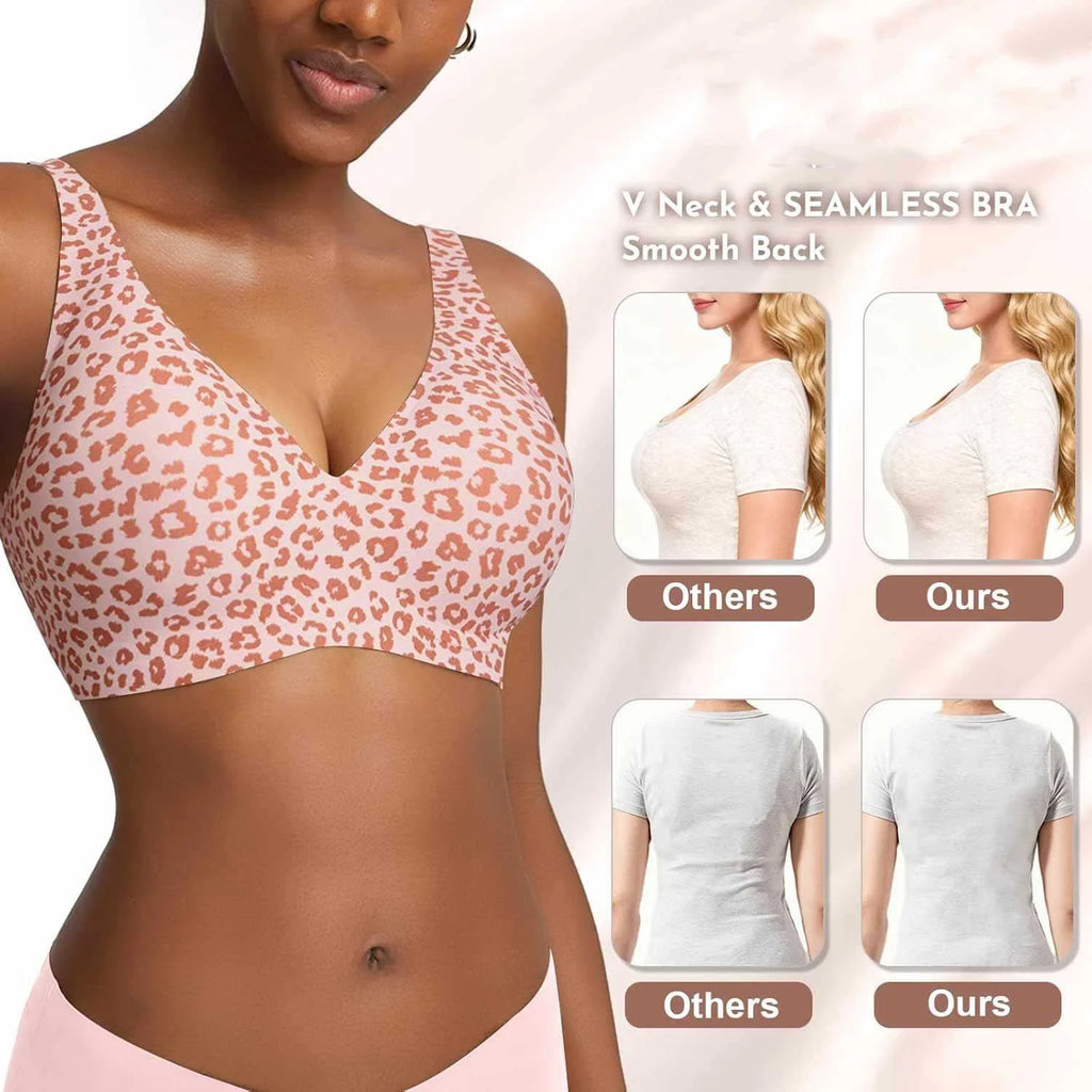 Women's Seamless Pink Leopard Print Bra Wire-Free Bra Full Cup Soft Thin Mold Support Breathable and Beauty Deep V Plus Up Bra Four Rows of Hooks