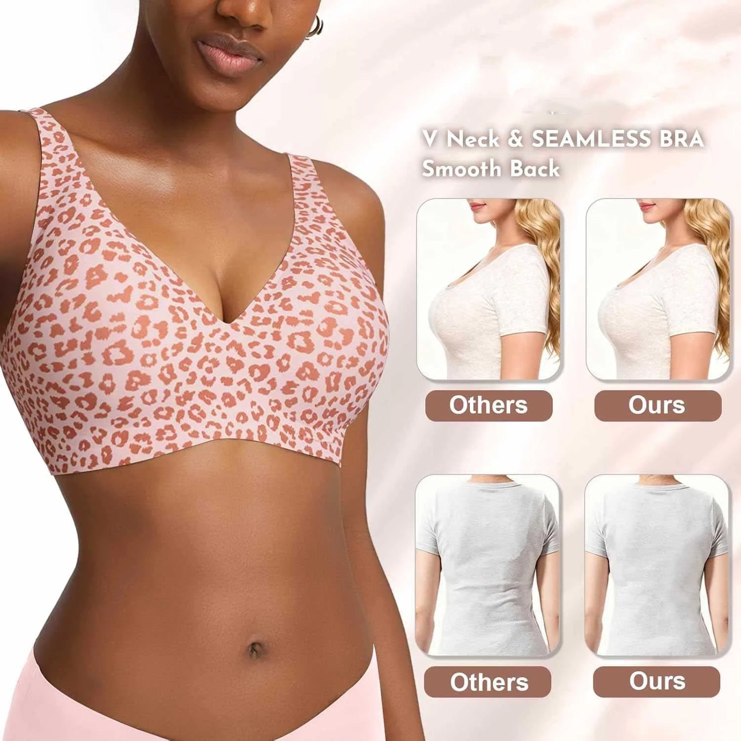 Women's Seamless Pink Leopard Print Bra Wire-Free Bra Full Cup Soft Thin Mold Support Breathable and Beauty Deep V Plus Up Bra Four Rows of Hooks