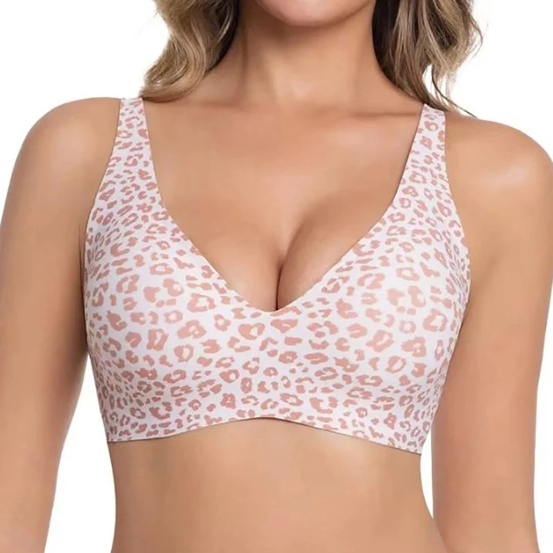 Women's Seamless Pink Leopard Print Bra Wire-Free Bra Full Cup Soft Thin Mold Support Breathable and Beauty Deep V Plus Up Bra