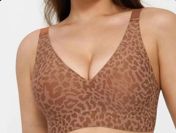 Women's Seamless Pink Leopard Print Bra Wire-Free Bra Full Cup Soft Thin Mold Support Breathable and Beauty Deep V Plus Up Bra
