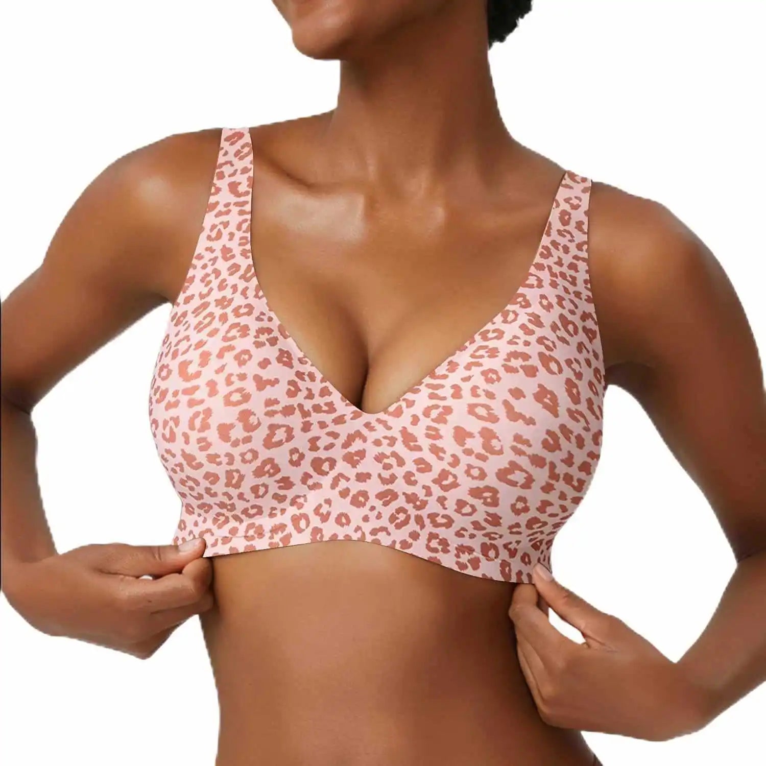 Women's Seamless Pink Leopard Print Bra Wire-Free Bra Full Cup Soft Thin Mold Support Breathable and Beauty Deep V Plus Up Bra Four Rows of Hooks